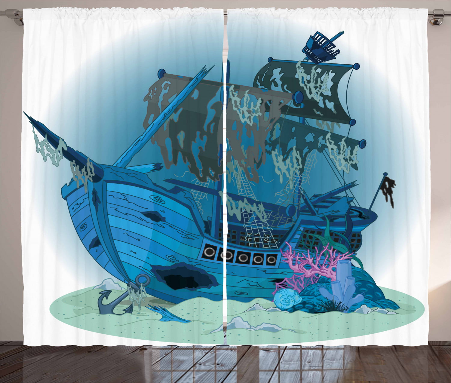 2 Panel Mural Blockout Darking Window Curtain Drapes Pirate Ship In The Night 