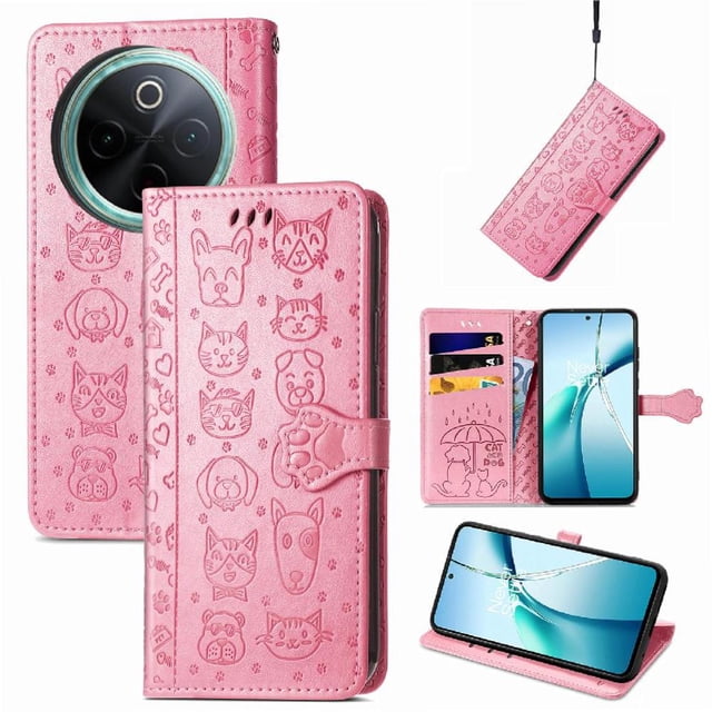 Étui Rabattable pour FOXDOCK Vivo Y300 Pro, Chat et Chien en Cuir PU Embossé avec Fentes pour Cartes, Support