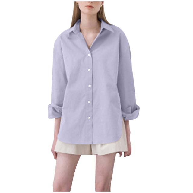 Bowake Button down Shirt for Women Lapel Long Sleeve Oversized Work Office Blouse Casual Solid Color Fall Tops
