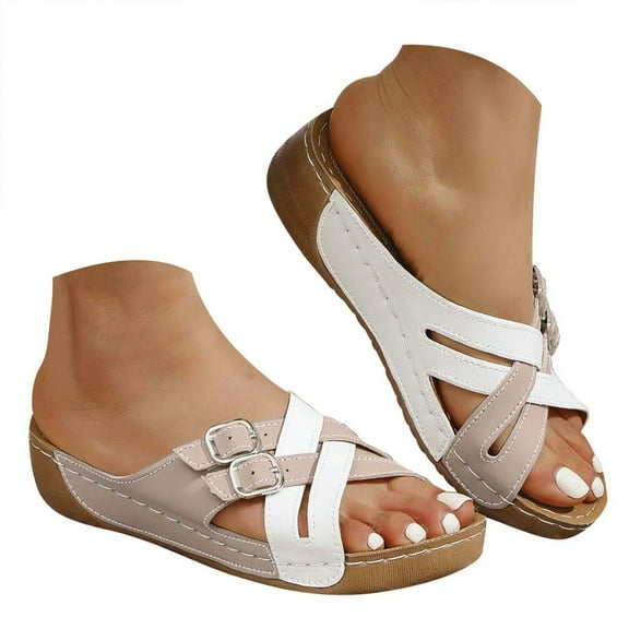 IUJSOY Womens Wedge Sandals Crisscross Buckle Strap Slip on Slides Comfortable Dressy Shoes