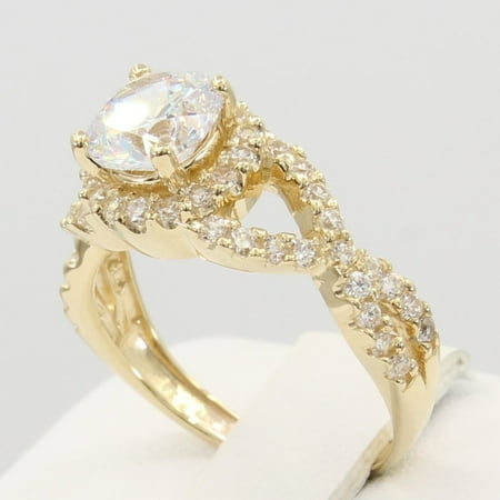 - 2.00 Ct 14K Real Yellow Gold Round Cut with Pave Set Side Stones 4 Prong Illusion Halo Setting Fancy Cross Over Engagement Wedding Bridal Propose Promise Ring