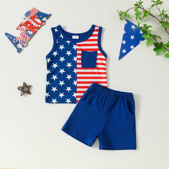 HAOTAGS 4th of July Tank Top with Shorts Set for Baby Boys and Girls, Holiday Summer Outfit Set Blue Size 18 Months
