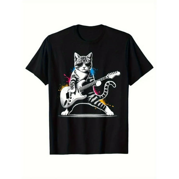 Rock Punk Graphic Tee, Tops Has Vibrant Guitar Kitten & Color Splash Design,Casual Round Neck Regular Fit Tee, Size(S-5XL)