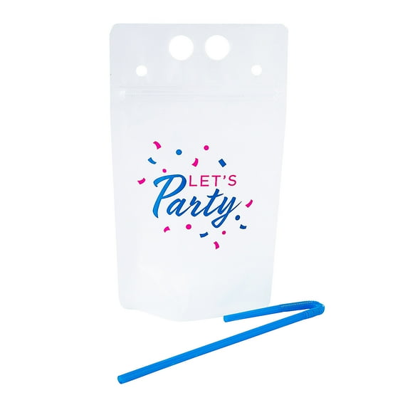 Fun Express Let’s Party Collapsible Plastic Drink Pouches with Straws - 25 Pieces