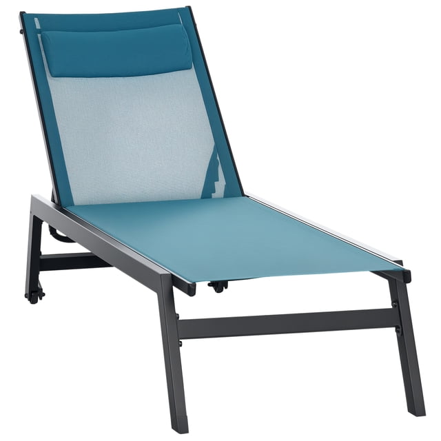 Outsunny Chaise Longue d'Extérieur avec Roues, Chaise de Bronzage à 5 Positions, Bleu