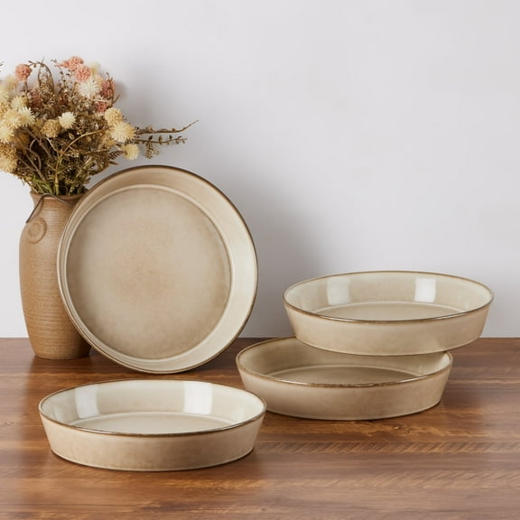 Vesteel Pasta Bowls Set of 4, 34oz Salad Plates for Home Kitchen, Double Reactive Glaze Large Wide Ceramic Bowls for Serving Dinner, Microwave & Dishwasher Safe, Khaki