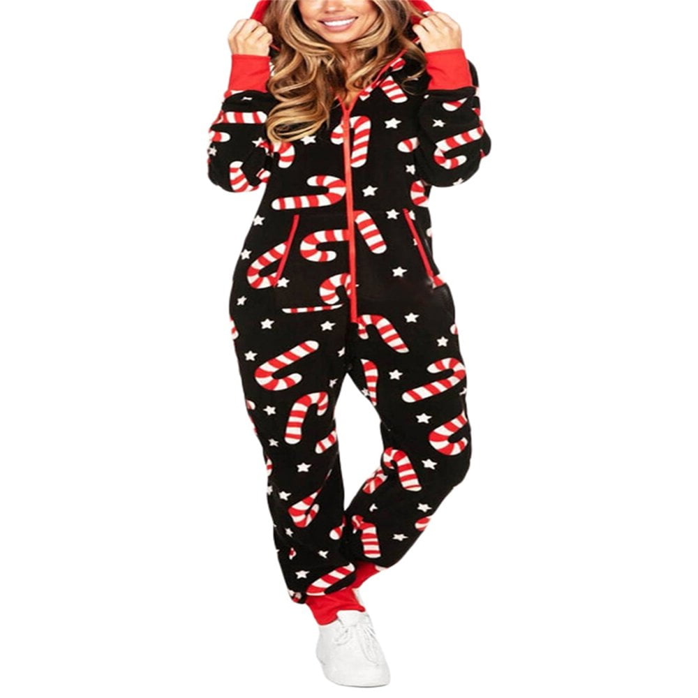 Couples Matching Christmas Pajamas Jumpsuit Hoodie Onesie Cute Union Suit Full Zipper Romper Sleepwear