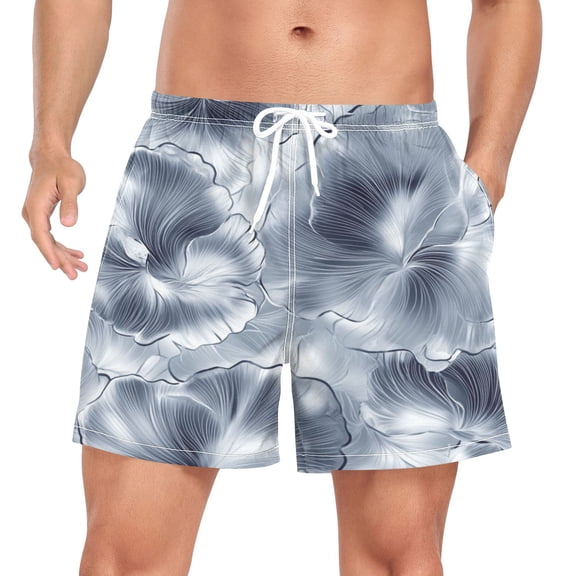 Men's Quick Dry Casual Beach Shorts Monochrome Flower Pattern with Pockets, Lightweight Swim Trunks for Surfing Gym