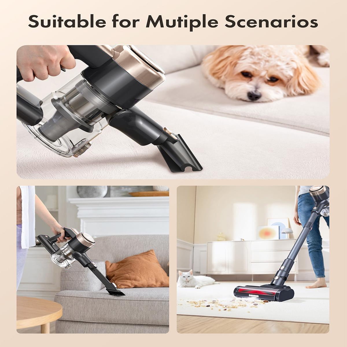 Homeika Cordless Vacuum Cleaner, 300W 23KPa Powerful Suction Vacuum with LED Display, 3 Suction, 48mins Runtime, Lightweight Stick Cleaner with Sofa Brush for Hard Floor/Carpet/Pet Hair/Car, Black