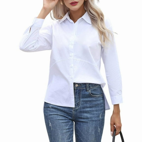 Women's Button Down Shirts Long Sleeve Dress Shirts Wrinkle Free Collared Work Office Tops White M
