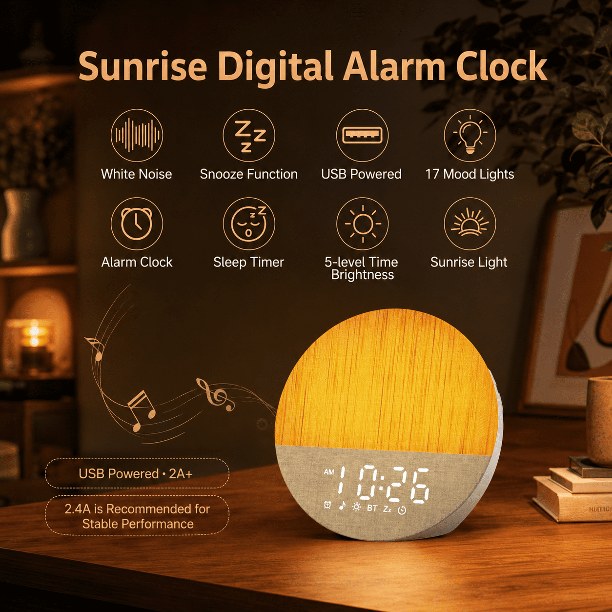 LEIKE Sunrise Alarm Clock White Noise Sound Machine for Bedroom | Natural Wake-Up Light with Soothing Sleep Aids, Bluetooth Speaker, Dimmable Clock, Screen-Free Design for Baby Adults Kids
