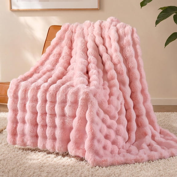 Faux Throw Blanket, Blush Bubble Blanket 50"x60"- 1100GSM | Luxury Faux Fleece Blanket, Cozy Soft Fuzzy Blanket for Couch Sofa Bed, Plush Thick Room Decor Throw