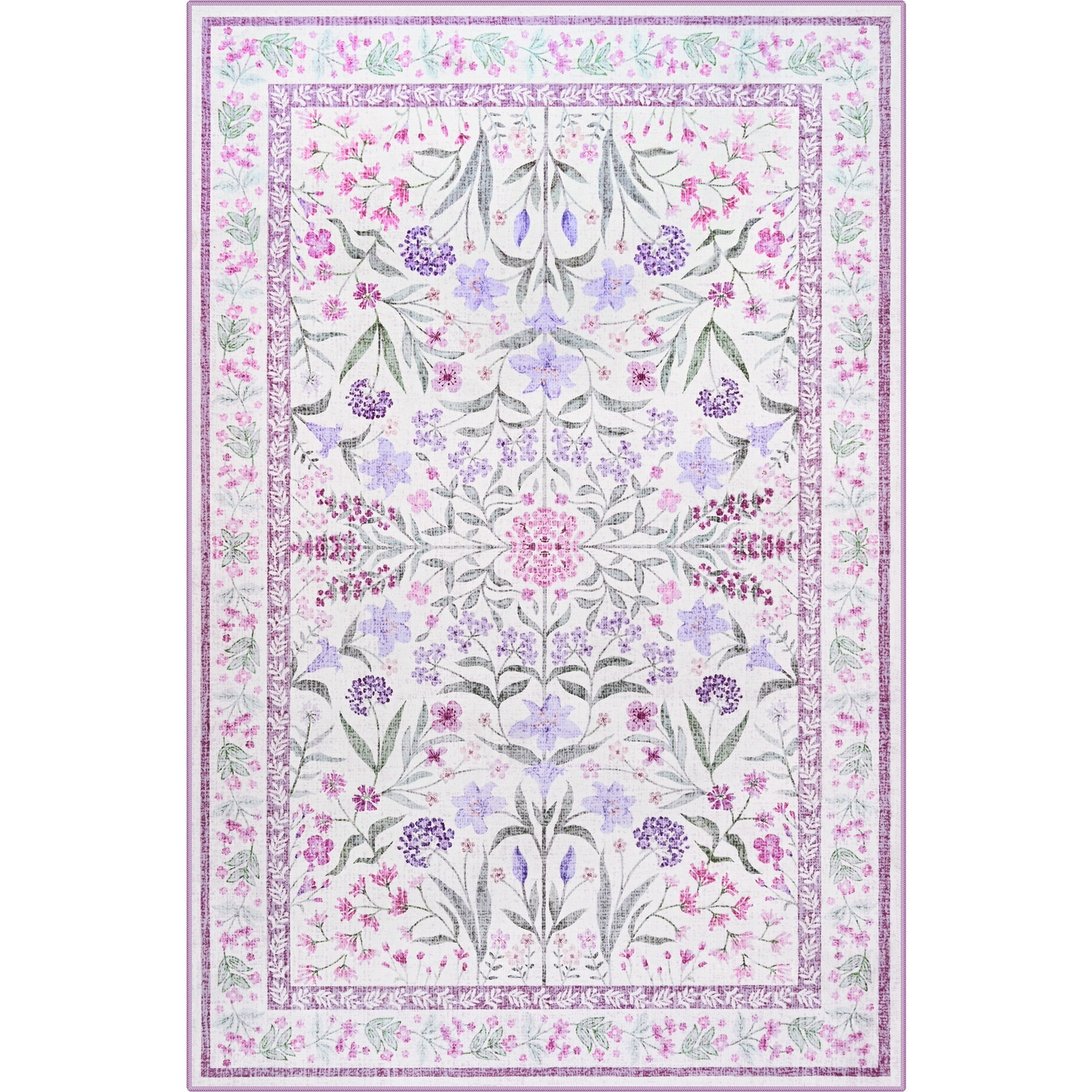 Wondo 4x6 Ft Purple Floral Area Rug - Machine Washable Low Pile Non-Slip Carpet, Boho Vintage Farmhouse Decor for Living Room, Bedroom, Nursery & Office