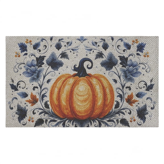 Pumpkin With Blue Floral Background Outdoor Door Mat, design by Creative Studio, 18"x30"