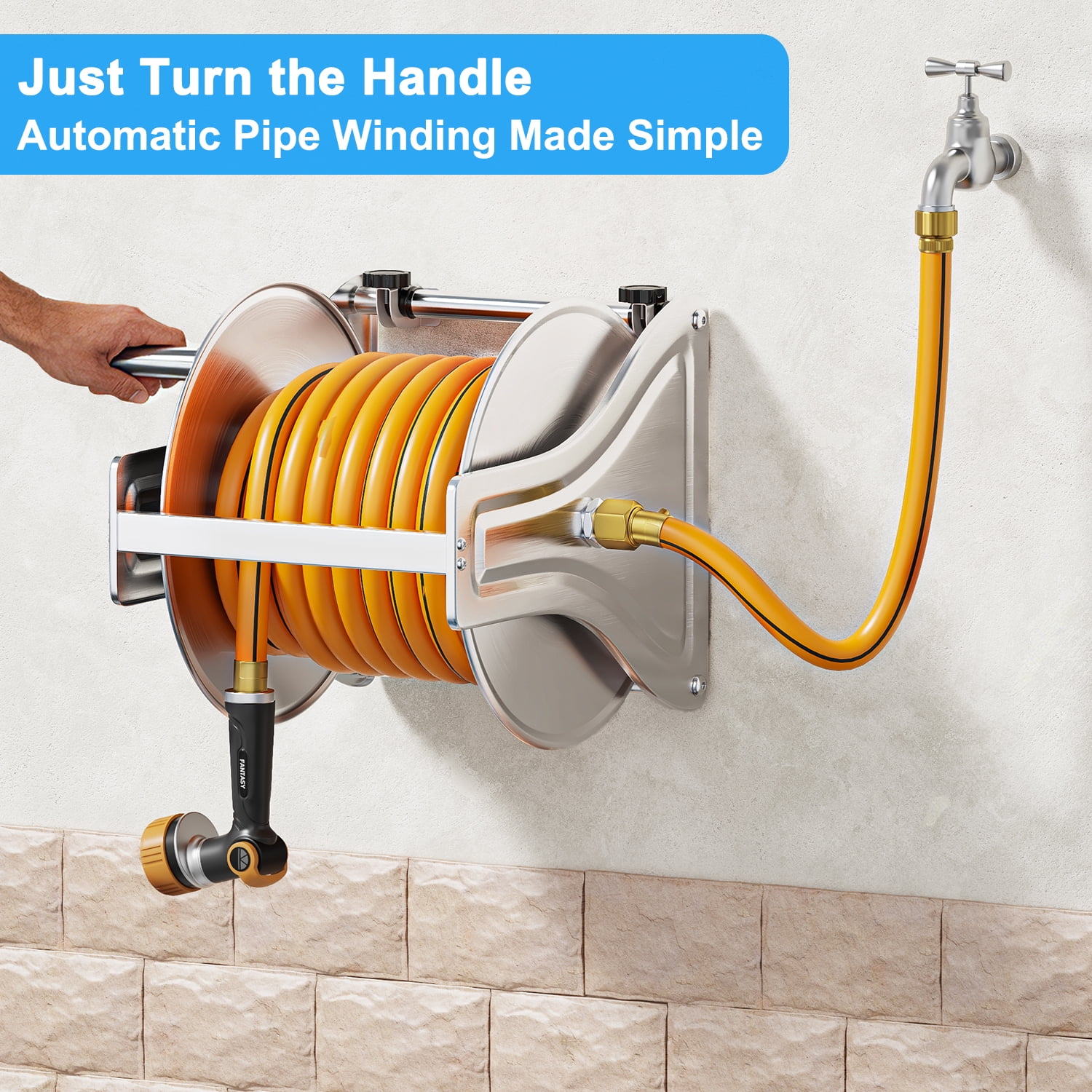FANHAO Wall Floor Mounted Garden Hose Reel, Outdoor Heavy-Duty Water Hoses Holder Winder, Holds 125 Ft of 5/8-Inch Hose, Brass Fitting (Hose Not Included)