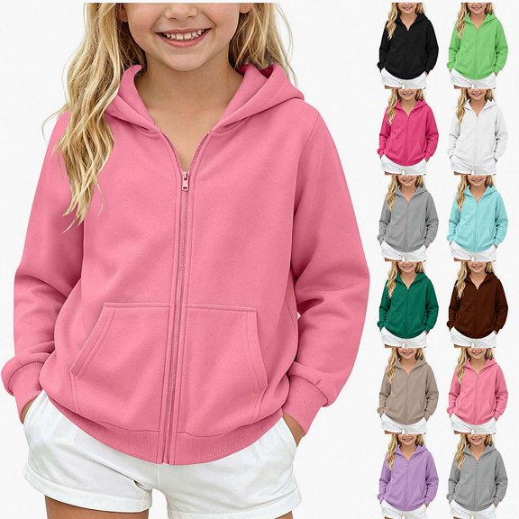 ITSAME Girls Zip Up Hoodie (5-14) Fleece Lined Long Sleeve Fall Winter Kids Casual Sweatshirt with Pockets Size 7