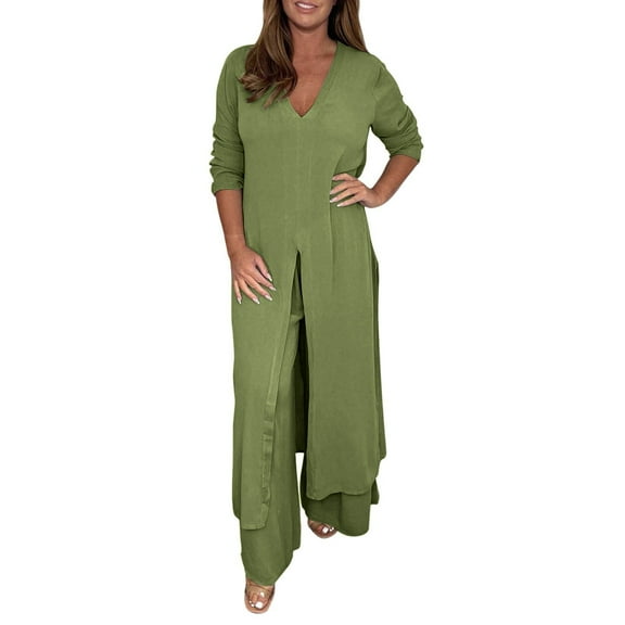UJNDER Ladies Casual Fashion Chiffon Long Sleeve Trousers Two Piece Set Pant Suits for Women Green M