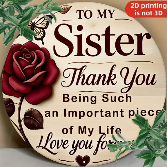 Vintage-Style Round Metal Sign "Thank You Sister", 8x8in Floral Wall Art with Heartfelt Message, Durable Flat Decor for Home/Kitchen/Garden/Porch, Unique Gift