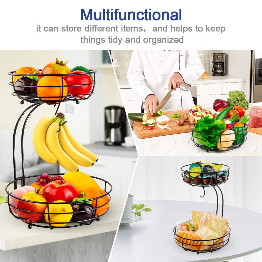 Iron 2-Tier Countertop Fruit Vegetables Basket Bowl Storage With Banana Hanger, Black, 64 ounces
