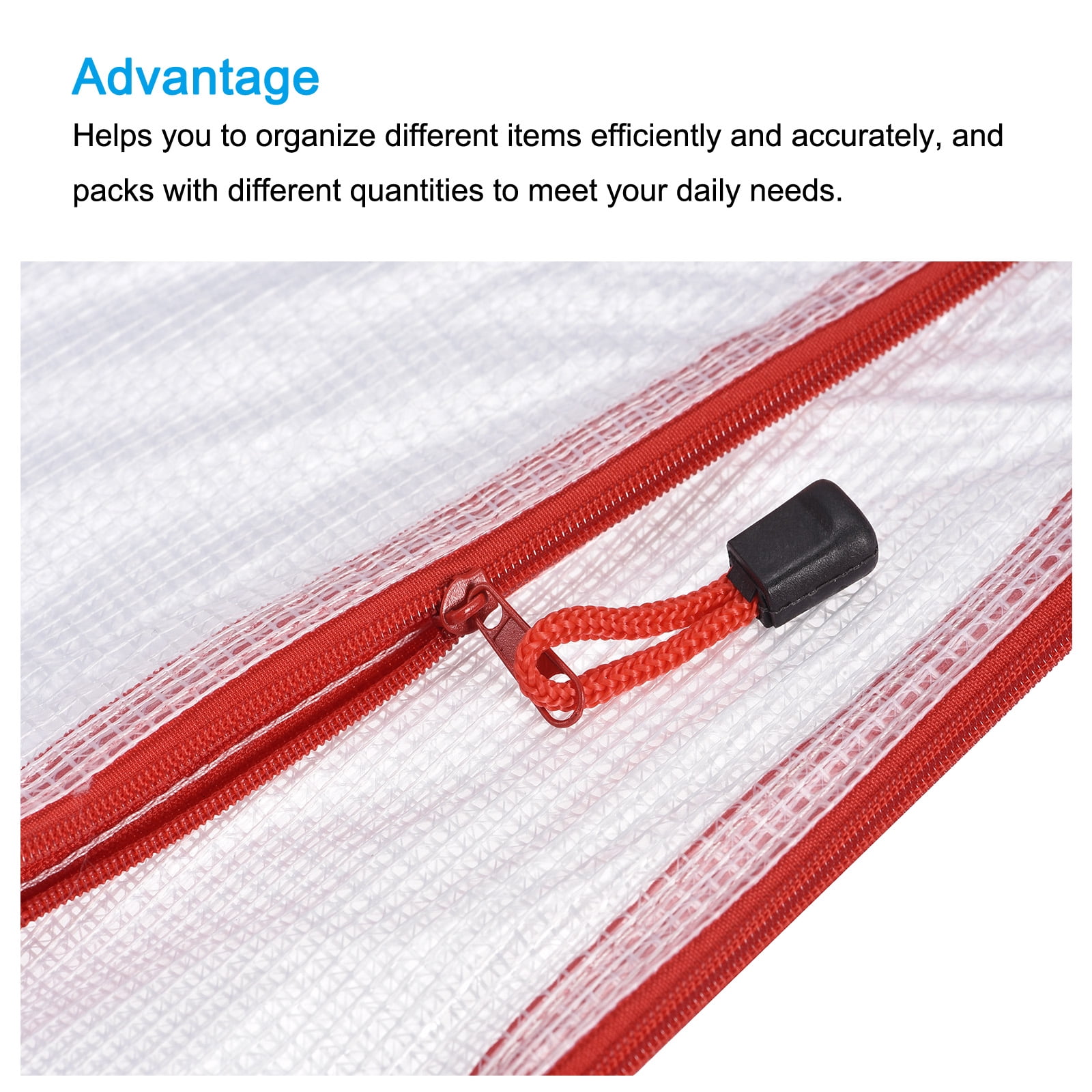 Unique Bargains Mesh Zipper Bag Plastic Zip File Pouch Document Folders Red