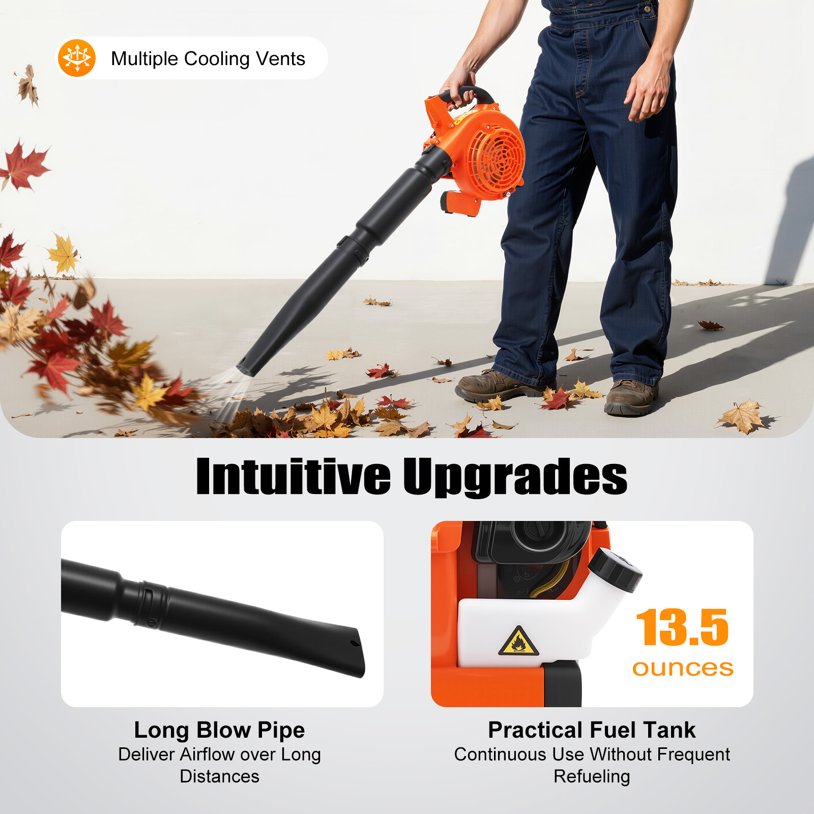 25.4cc Gasoline Powered Handheld Leaf Blower, 7,000 RPM, Cordless, Adjustable Speed, High Efficiency for Yard Cleanup, Durable Nylon and Plastic Construction