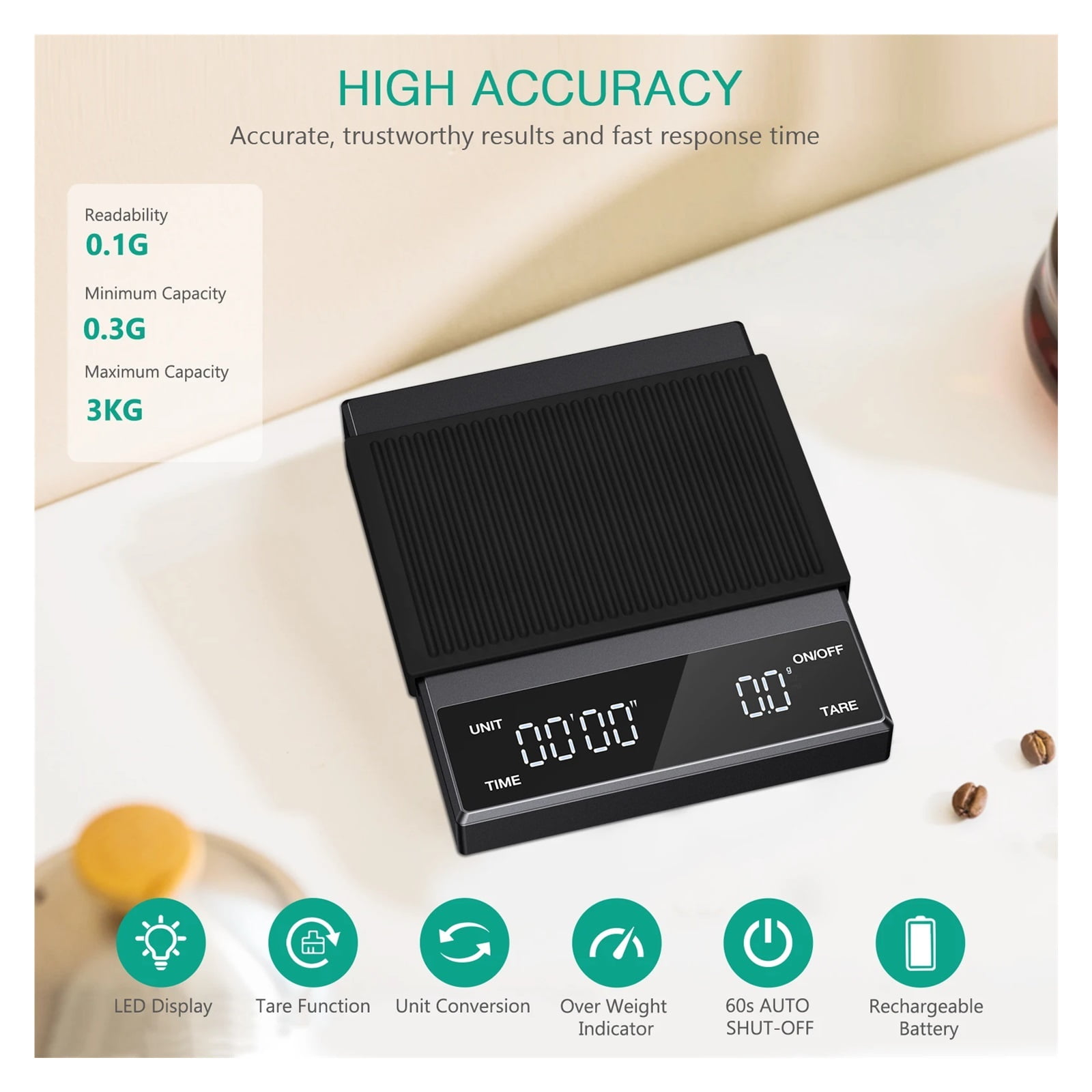 Digital Coffee Scale 3Kg 0.1g High Precision Rechargeable Drip Espresso Scale With Timer Portable Kitchen Scale Fine Scales