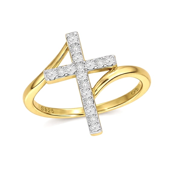 Cali Trove, Diamond Cross Ring for Women in Yellow Gold-Plated Sterling Silver, Women's Vertical Cross Ring with Bypass Band and Accented with Round White Diamonds, Yellow Gold-Plate Religious Ring