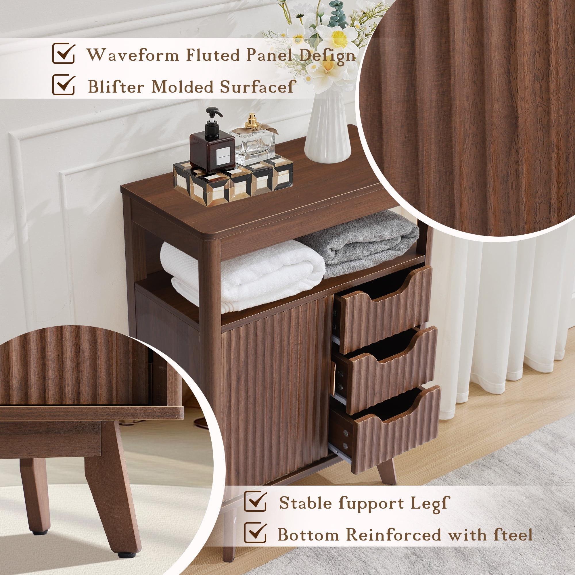 Magic Union Bathroom Storage Cabinet with Fluted Sliding Door, 3 Drawers Bathroom Floor Cabinet, Freestanding Storage Organizer w/Adjustable Shelf, Faux Marble Top, Curved Profile Design Natural Oak