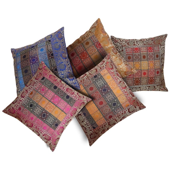 Stylo Culture Ethnic Sofa Throw Pillow Covers 16 x 16 Jacquard Multi Color Traditional 40x40 cm Home Decor Brocade Geometric Zippered Square Cushion Covers | Set Of 5