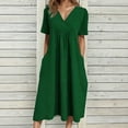 thumbnail image 3 of Tshirt Dress Women Cotton Linen Spring Summer Short Sleeve V Neck Smocked Loose Fit Flowy Midi Dress with Pockets, 3 of 5