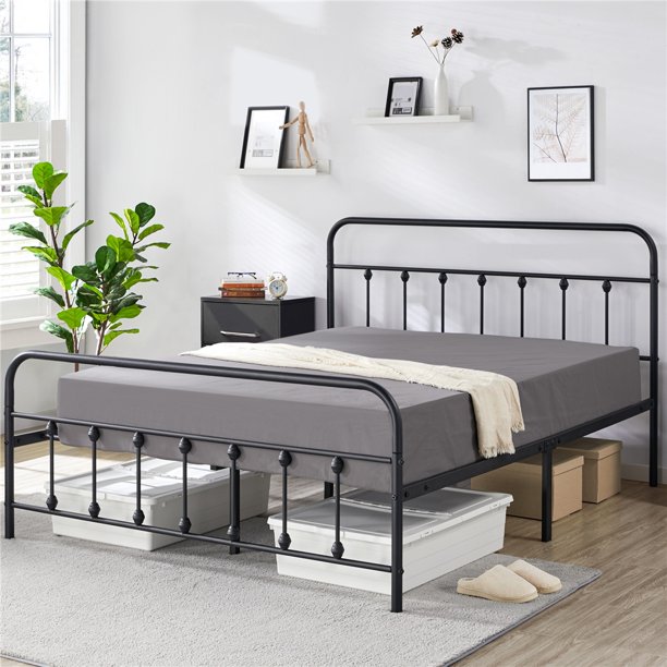 Topeakmart Classic Black Iron Queen Bed with 12.5" Underbed Clearance