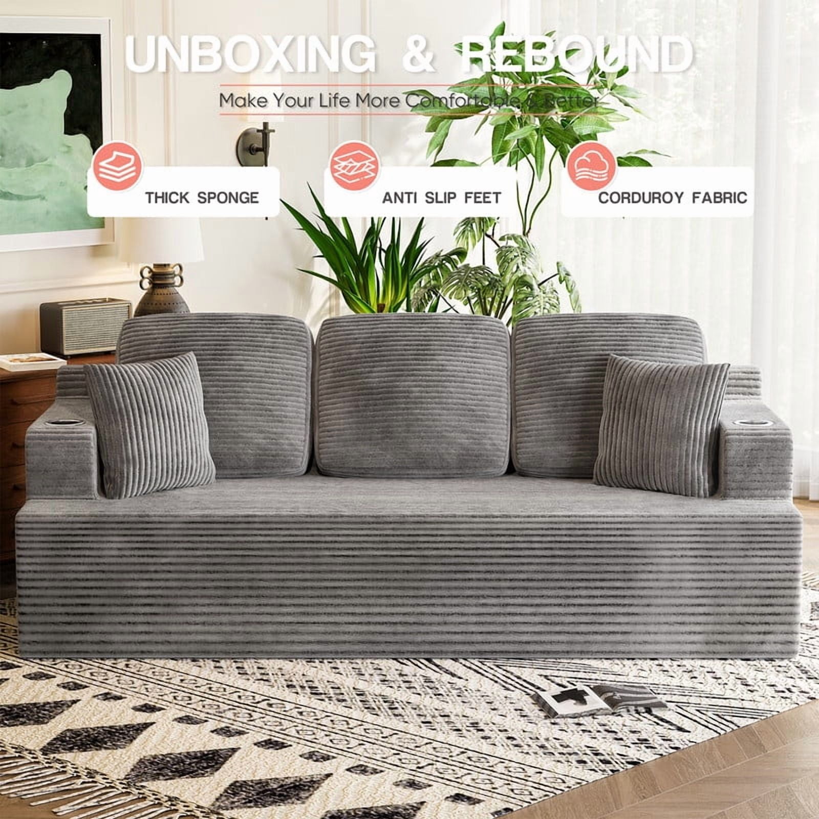 Homall Cloud Boneless Modern Couch Fluffy Group Sofas & Couches With two Cup Holder for Family,Gray