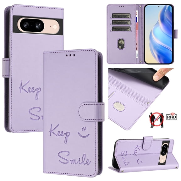 for Google Pixel 8 Case Wallet with RFID Blocking Card Holder, Shoulder Strap & Wrist Strap, Smile Pattern PU Leather Magnetic Clasp Flip Purse Case for Google Pixel 8, Purple