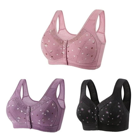 Mrat Wireless Bra Bralette for Women 3pc Front Snaps Full Cover Bras for Women Comfortable Button Close Sports Bras Breathable Everyday Bras Underwear S-190 Hot Pink-A S