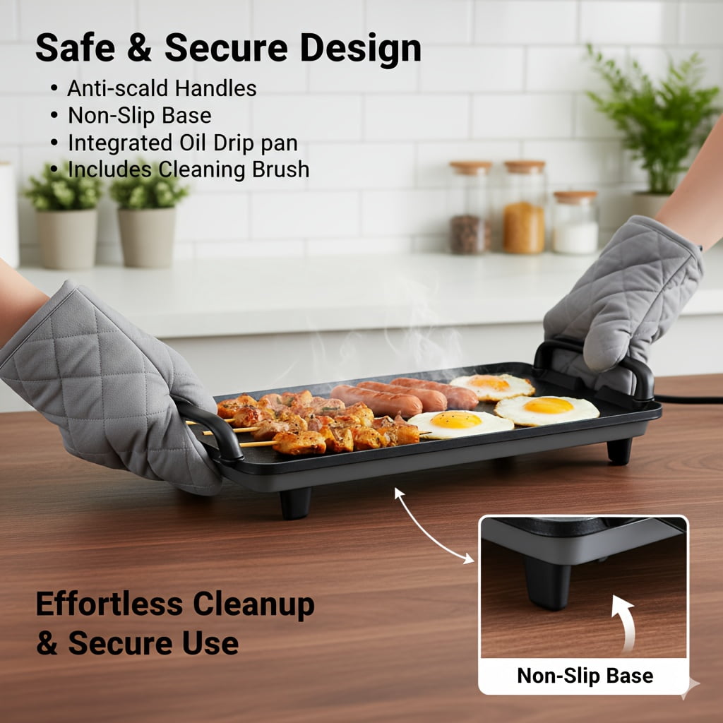 Smoke-Free Electric Grill Pan with Non-Stick Coating, Adjustable Temperature, Indoor BBQ