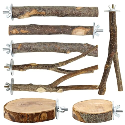 8 PCS Natural Bird Perch Set - Apple Wood Platforms & Hardwood Branches for Parakeets,Cockatiels,Lovebirds - Natural Cage Accessories,Gym Playstand & Chewing Toys for Small Birds