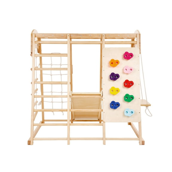 KFFKFF Indoor Jungle Gym for Kids, 7-in-1 Toddler Playset, 43 x 47.2 x 47 inch, Includes Wooden and Rope Ladder, Net Ladder, Swing, Monkey Bar, Slide, Climbing Wall, Indoor Climbing Toys