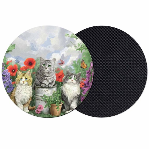 Spring Garden Cats Coasters Set of 2, Absorbent Coasters for Drinks, Farmhouse Animals Floral Botanical Coaster for Desk Coffee Table Protection, Home Decor House Warming Gifts 4"
