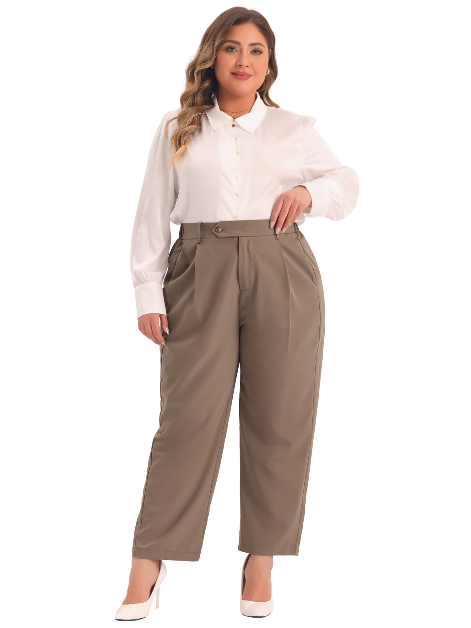 DARING DIVA Women's Plus Summer Elastic High Waisted Long Straight Pants 3X Dark Brown