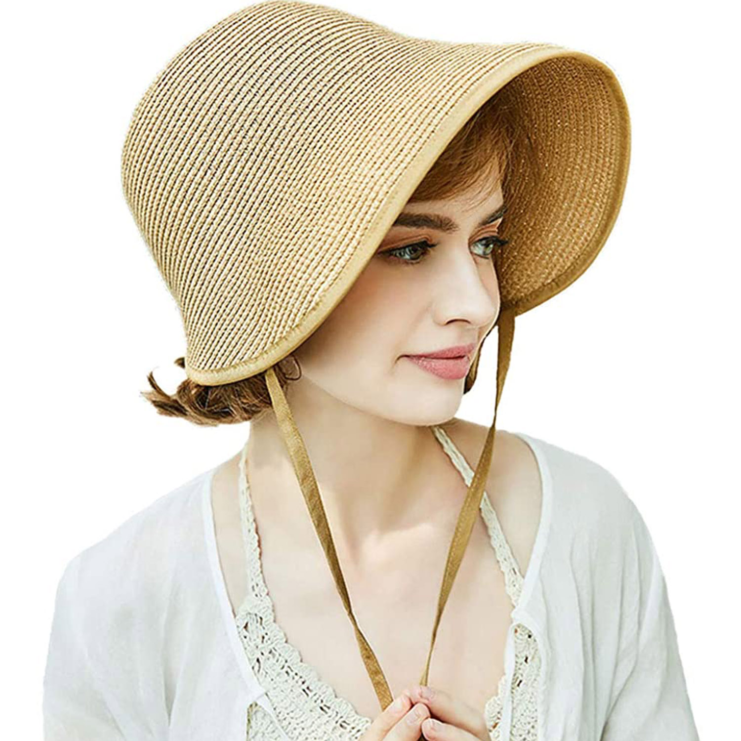 French Straw Bonnet Cap for Women Victorian Sun Hat Chin Strap Foldable