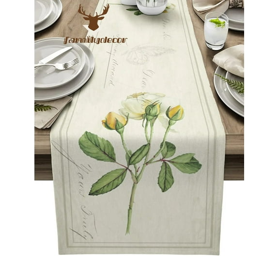 Vintage Country Plant White Rose Table Runner Home Wedding Table Flag Mat Centerpieces Decoration Party Dining Long Tablecloth