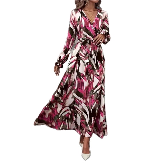 Women's Printed Surplice Long Sleeve Maxi Dress 100% Polyester Fabric for Flattering Silhouette and Everyday Wear