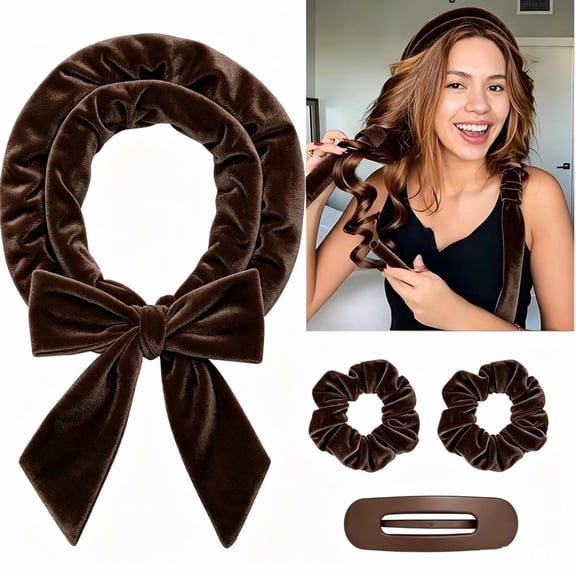 Heatless Curls Overnight Hair Curler Headband Set for Women, Heatless Hair Curler Kit with 2 Scrunchies and Hair Clip for All Hair Type, Brown