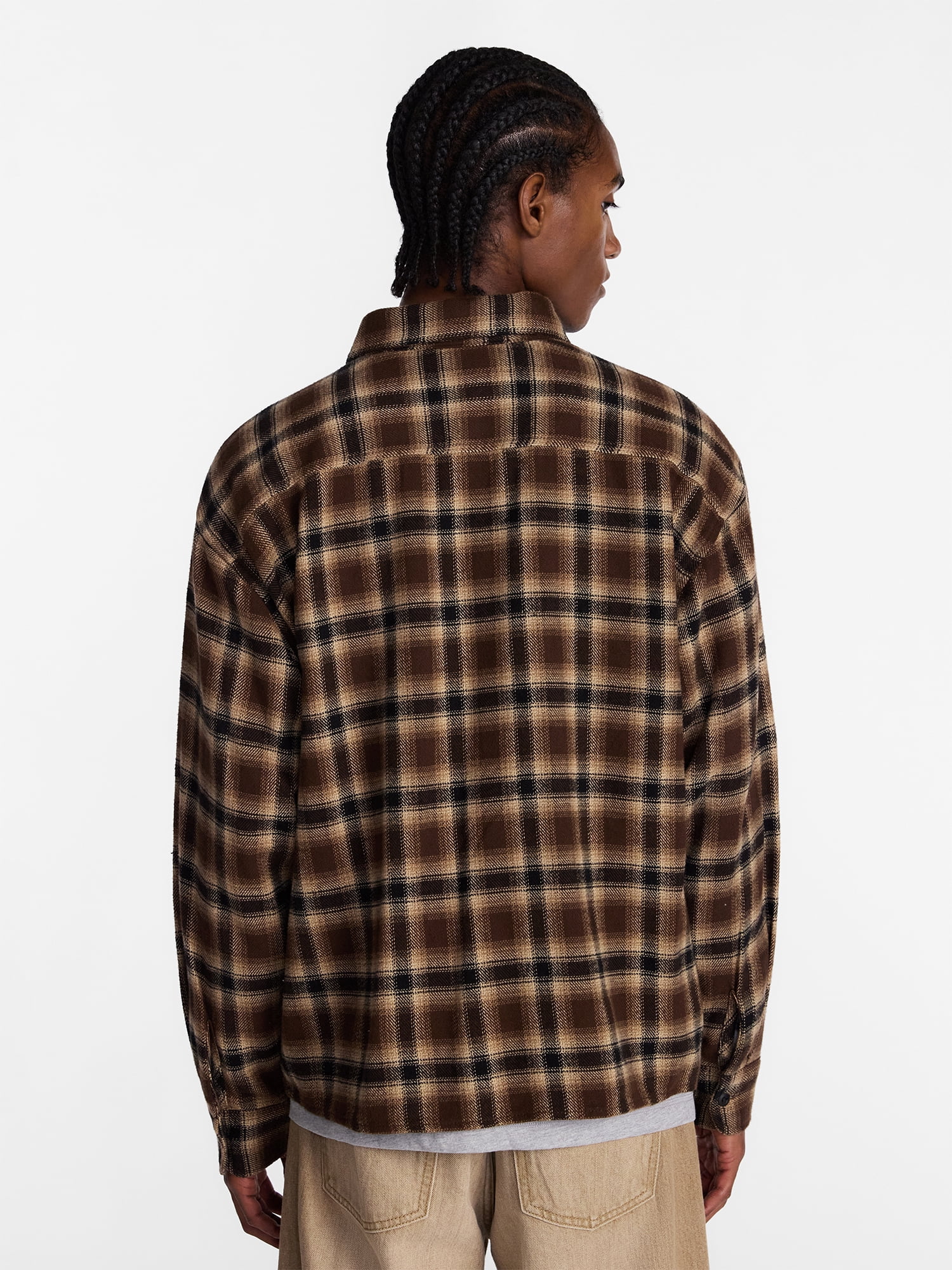 No Boundaries Boxy Cotton Plaid Flannel with Long Sleeves, Men's and Big Men's XS-4XLT