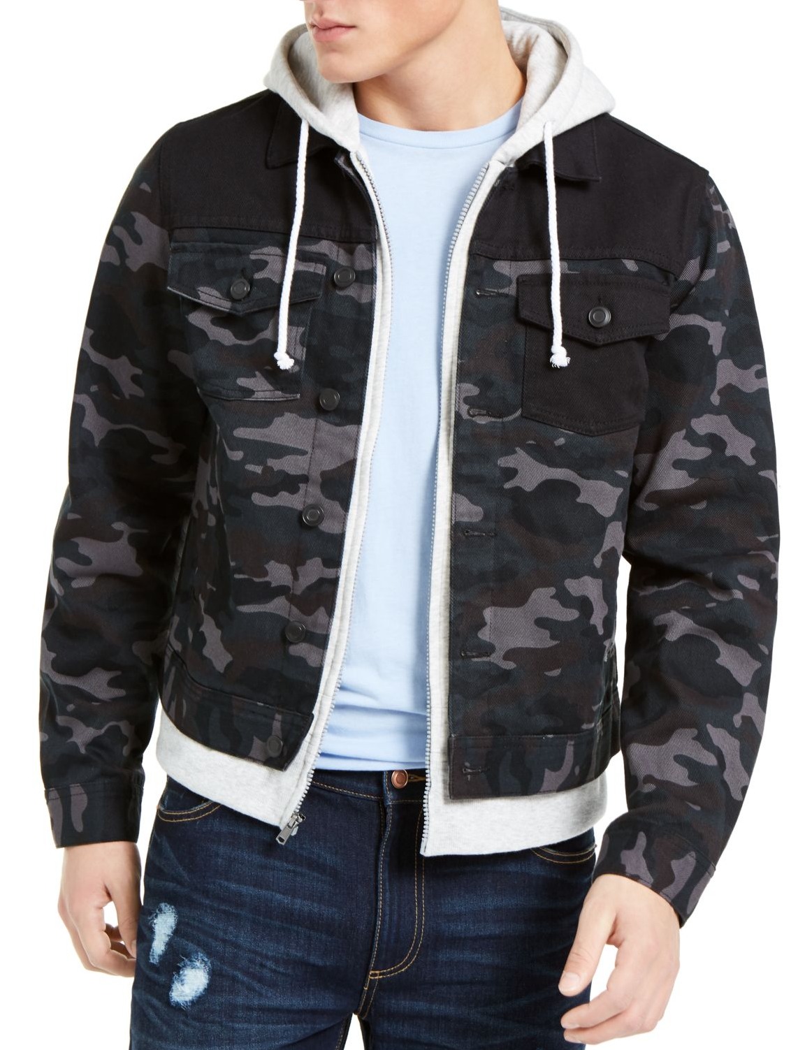 Mens Denim Trucker Jacket Black Camo 