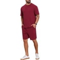 thumbnail image 4 of INSPIRE CHIC Men's Casual Texture Crew Neck Solid Shirt Top and Shorts 2 Piece Outfits M Burgundy, 4 of 6
