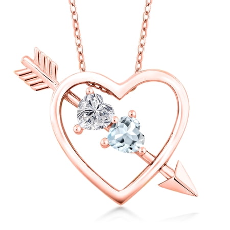 Gem Stone King 18K Rose Gold Plated Silver Lab Grown Diamond and Sky Blue Aquamarine Pendant Necklace for Women | 0.86 Cttw | Gemstone April Birthstone | Heart Shape 5MM | With 18 inch Chain
