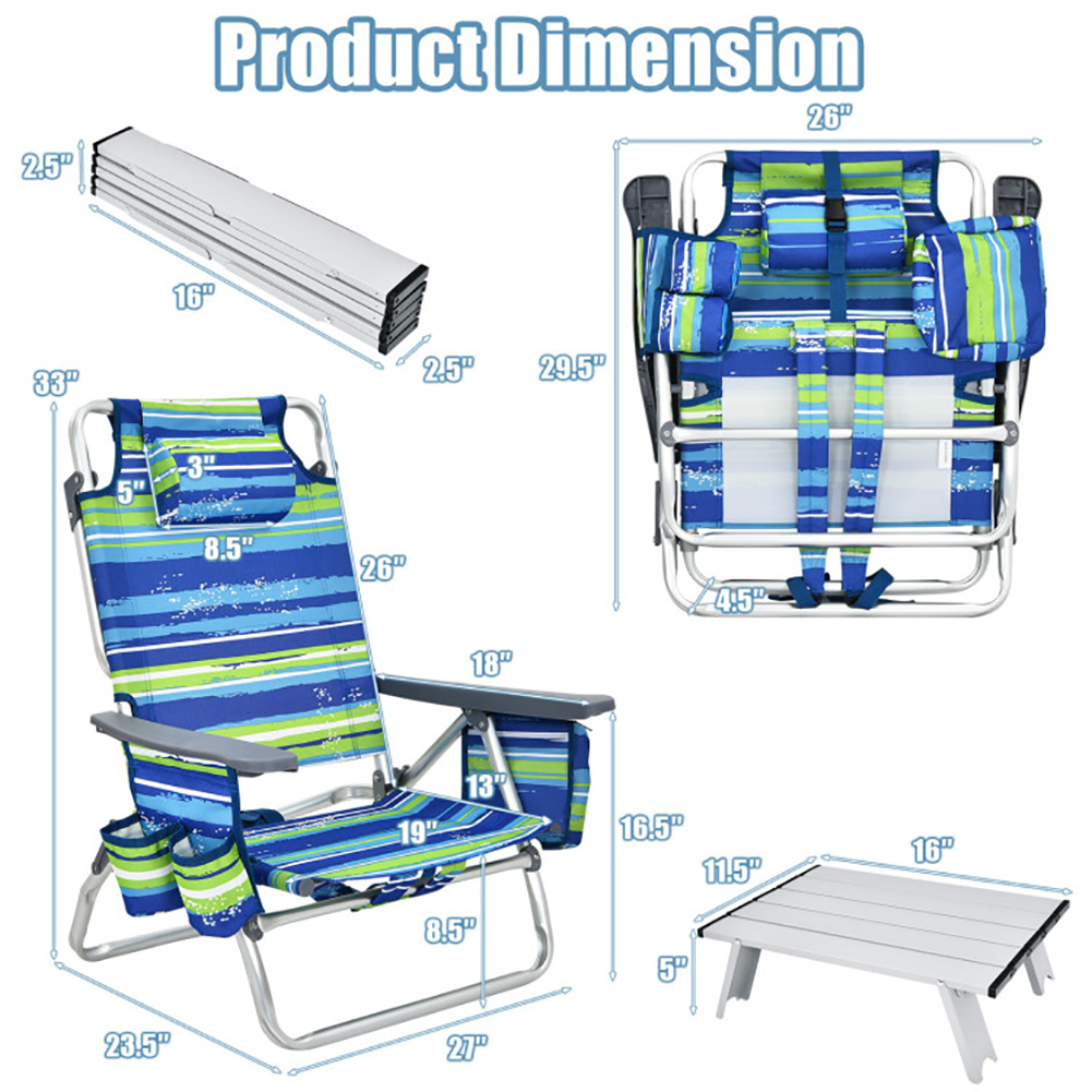 Aimee Lii 2 Packs 5-Position Outdoor Folding Backpack Beach Table Chair Reclining Chair Set, Outdoor Patio Furniture, Blue