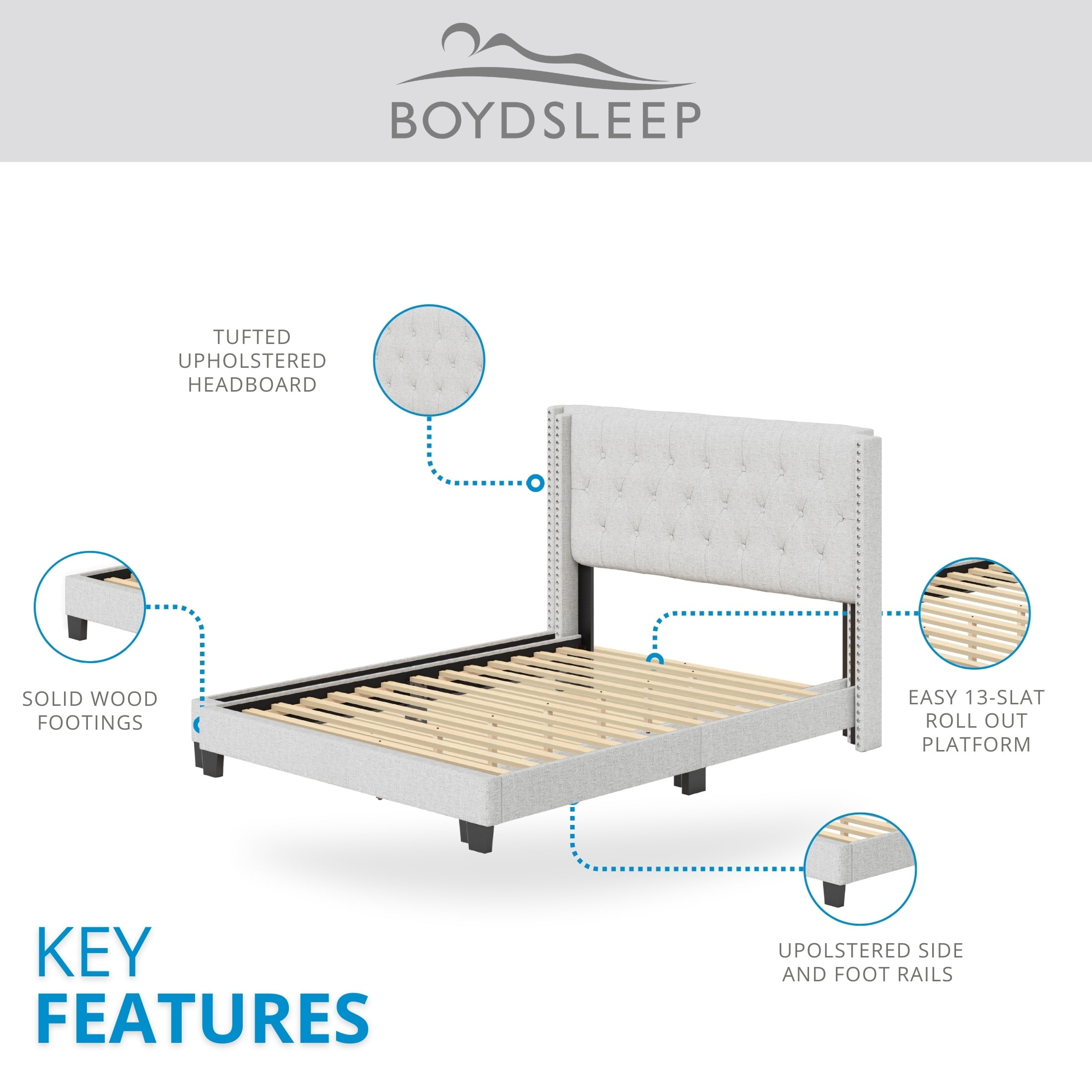 Boyd Sleep Mia Off White Linen King Size Fully Upholstered Platform Bed Frame with Tufted Headboard