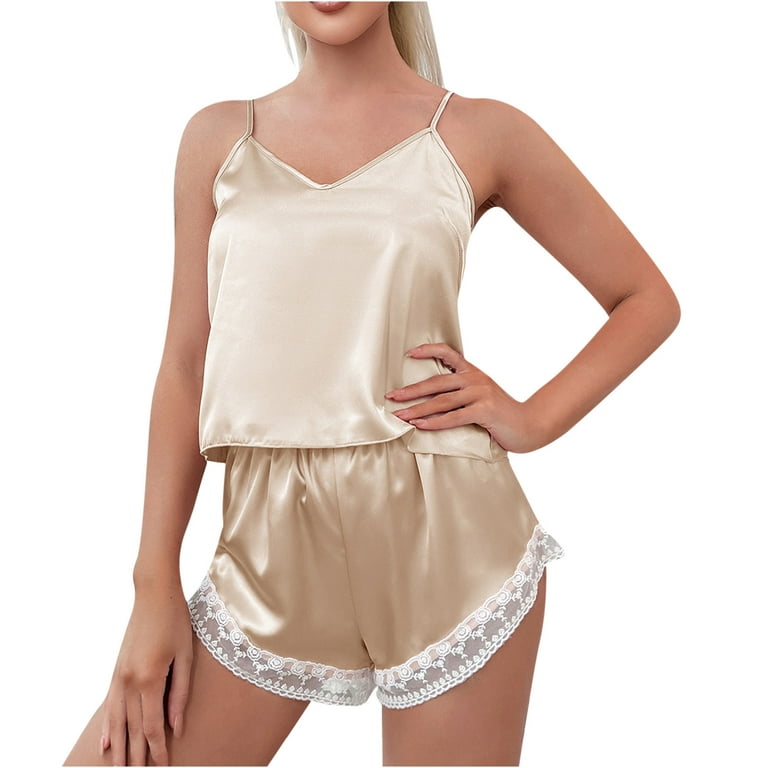 Silk Pajamas Set Women Satin Camisole Sleepwear Lingerie 2 Piece Pjs Crop  Cami Top V Neck and Lace Trim Shorts Nightwear 